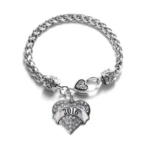 Silver 2016 Pave Heart Charm Braided Bracelet