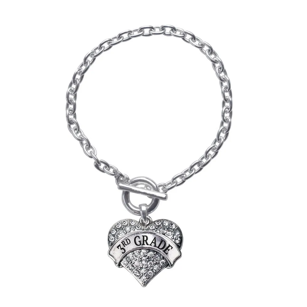 Silver 3rd Grade Pave Heart Charm Toggle Bracelet