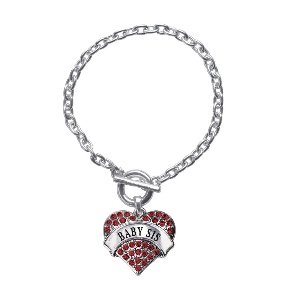 Silver Baby Sis Red Red Pave Heart Charm Toggle Bracelet