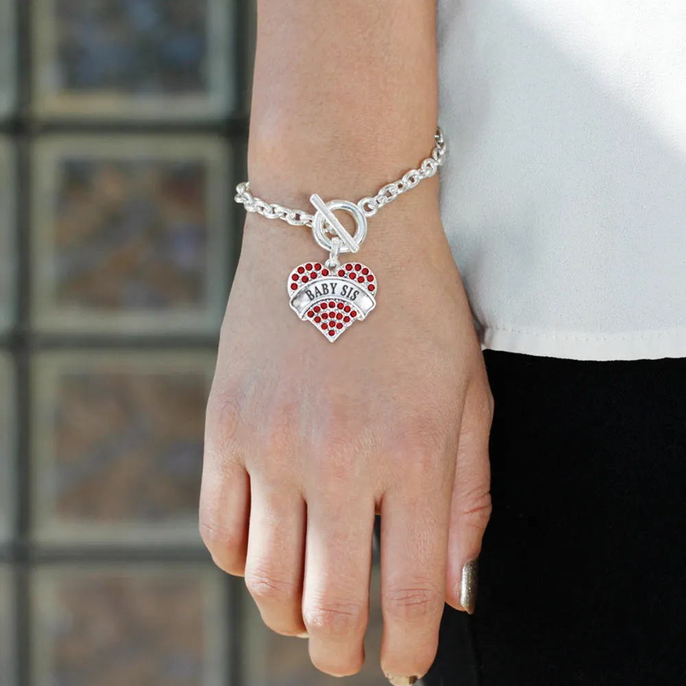 Silver Baby Sis Red Red Pave Heart Charm Toggle Bracelet