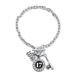 Silver Baseball Bat - Sports Number 17 Circle Charm Toggle Bracelet