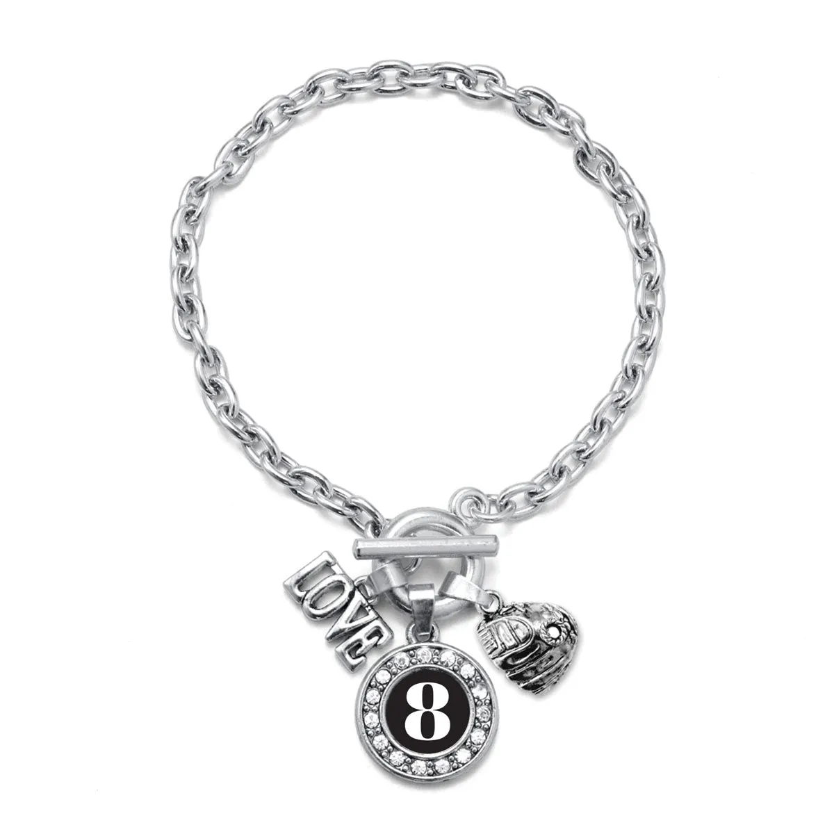 Silver Baseball Glove - Sports Number 8 Circle Charm Toggle Bracelet