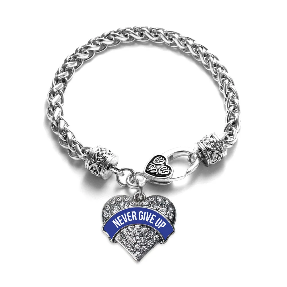 Silver Blue Banner Never Give Up Pave Heart Charm Braided Bracelet