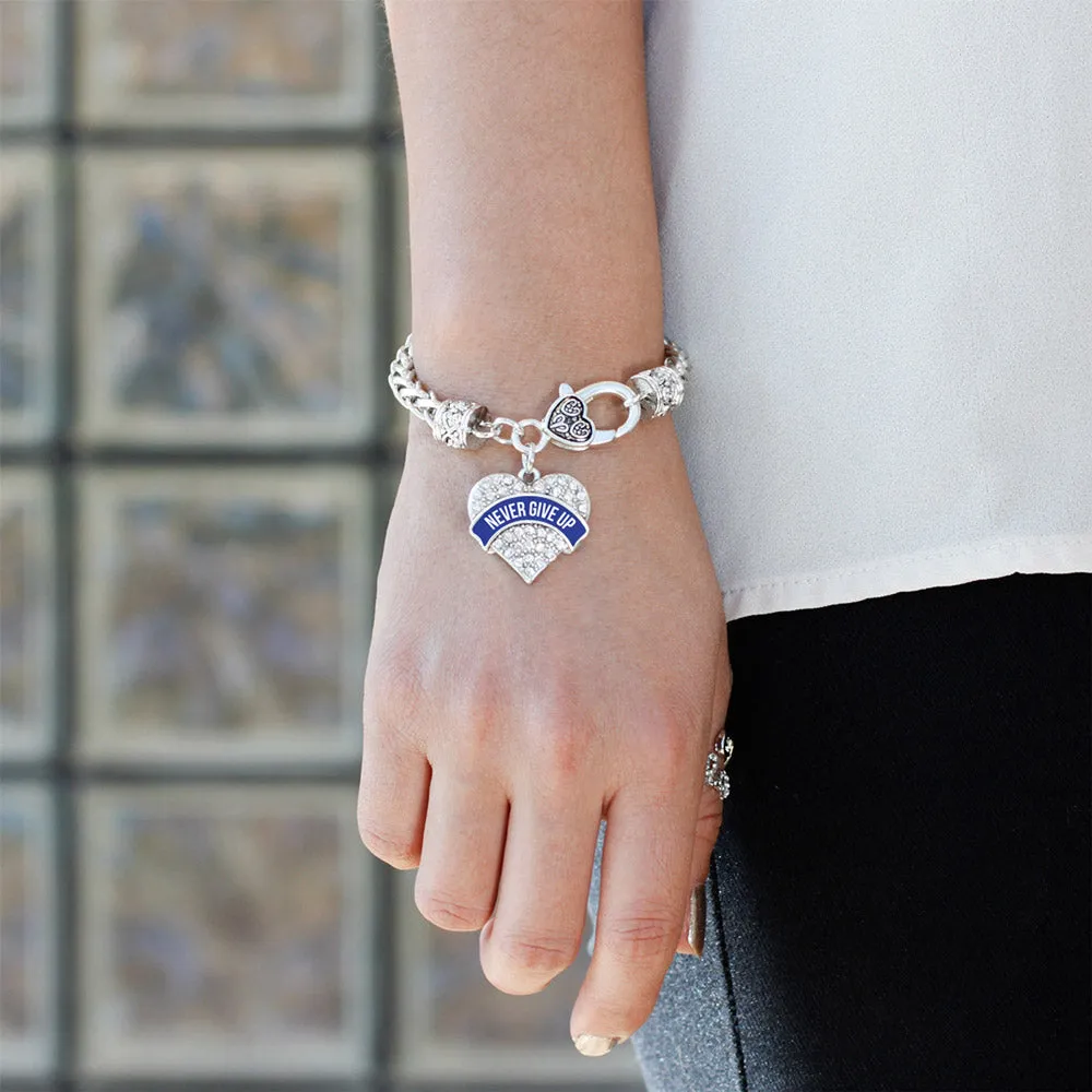 Silver Blue Banner Never Give Up Pave Heart Charm Braided Bracelet