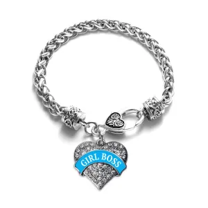 Silver Blue Girl Boss Pave Heart Charm Braided Bracelet