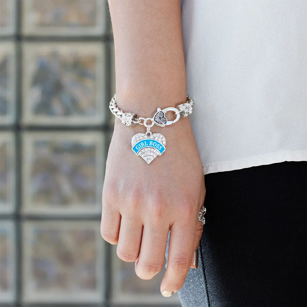 Silver Blue Girl Boss Pave Heart Charm Braided Bracelet