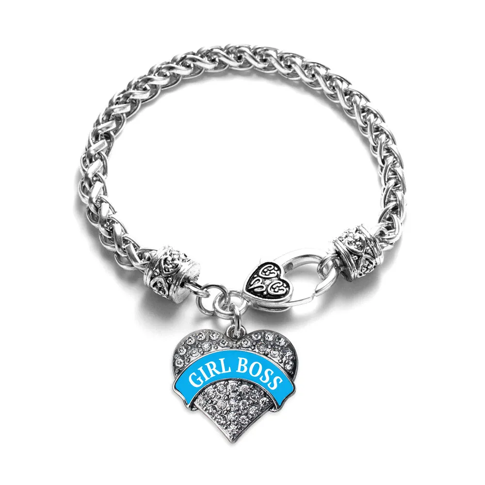 Silver Blue Girl Boss Pave Heart Charm Braided Bracelet