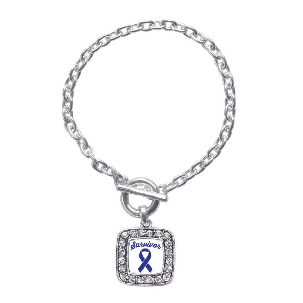 Silver Blue Ribbon Survivor Square Charm Toggle Bracelet