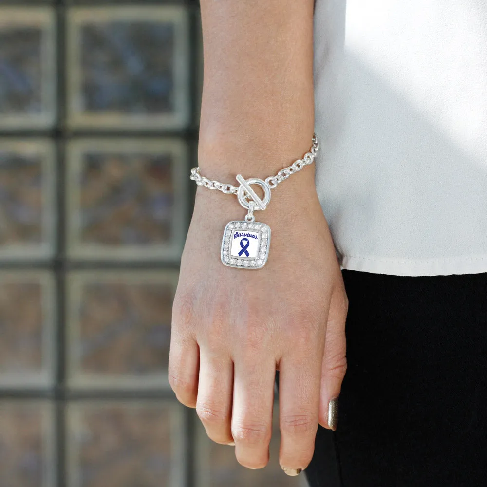 Silver Blue Ribbon Survivor Square Charm Toggle Bracelet