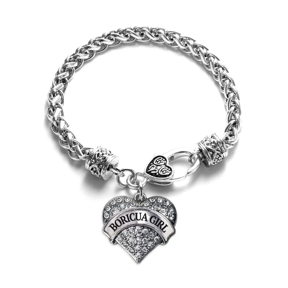 Silver Boricua Girl Pave Heart Charm Braided Bracelet