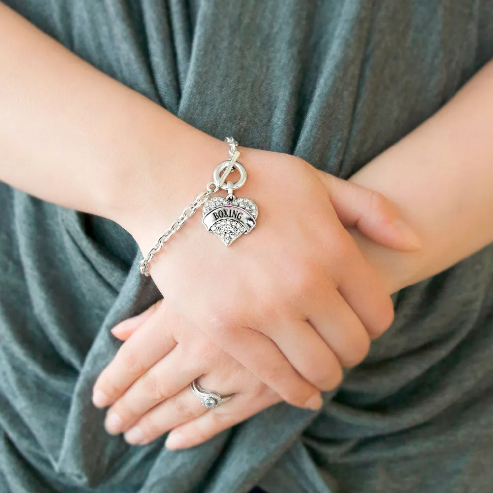 Silver Boxing Pave Heart Charm Toggle Bracelet