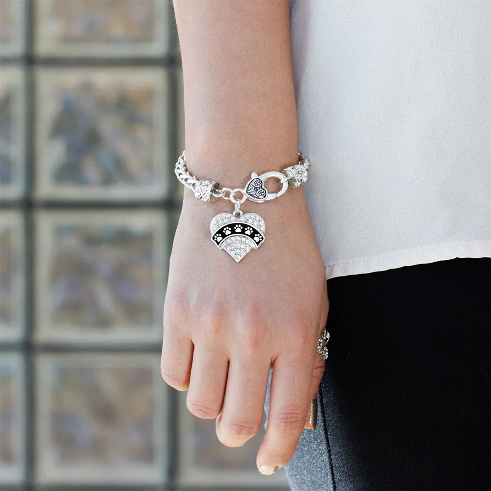 Silver Cute Paw Prints Pave Heart Charm Braided Bracelet