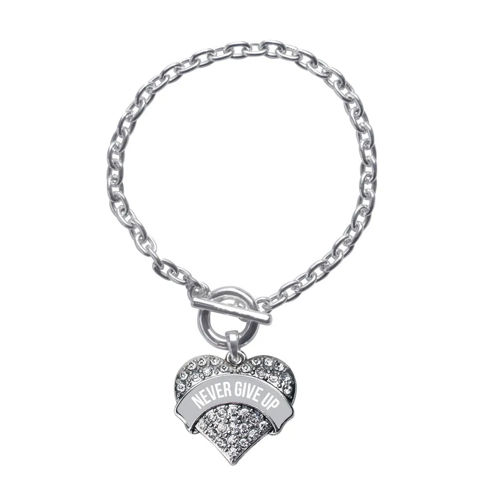 Silver Gray Banner Never Give Up Pave Heart Charm Toggle Bracelet