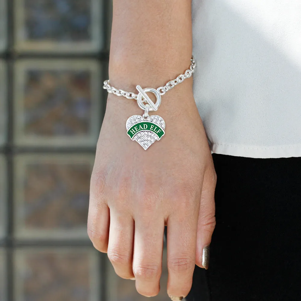 Silver Green Head Elf Pave Heart Charm Toggle Bracelet