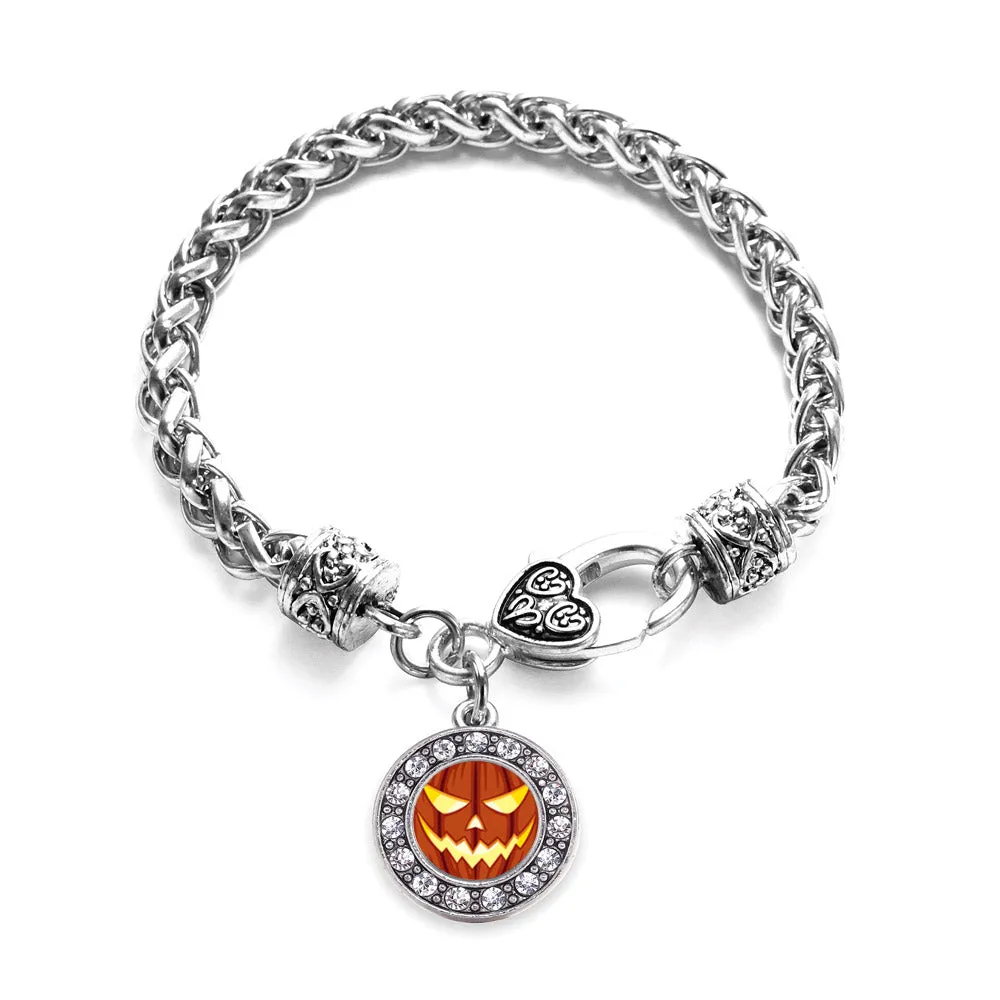 Silver Grinning Pumpkin Circle Charm Braided Bracelet