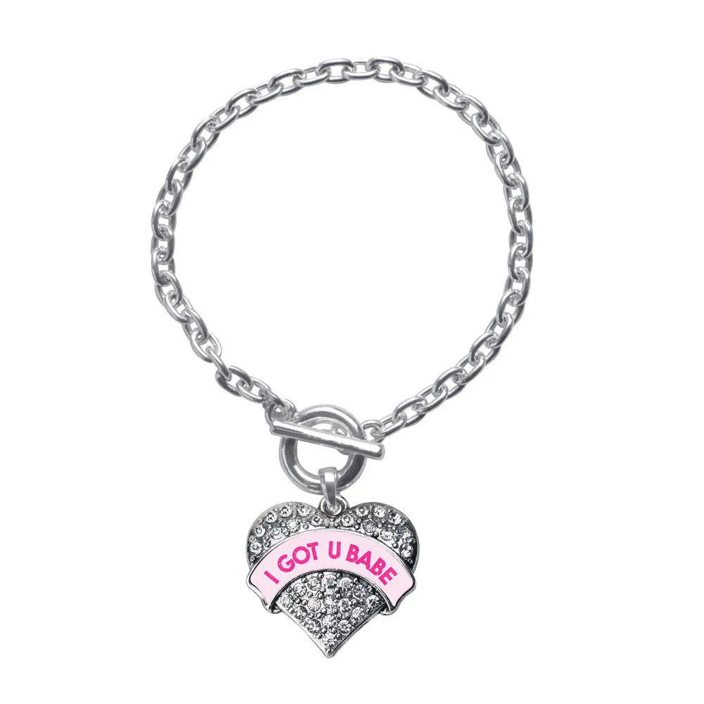 Silver I GOT U BABE Pink Candy Pave Heart Charm Toggle Bracelet