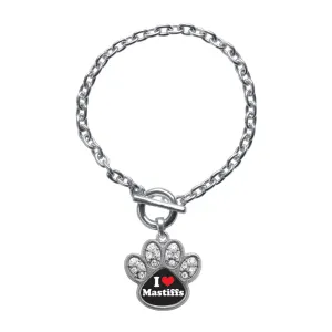 Silver I Love Mastiffs Pave Paw Charm Toggle Bracelet