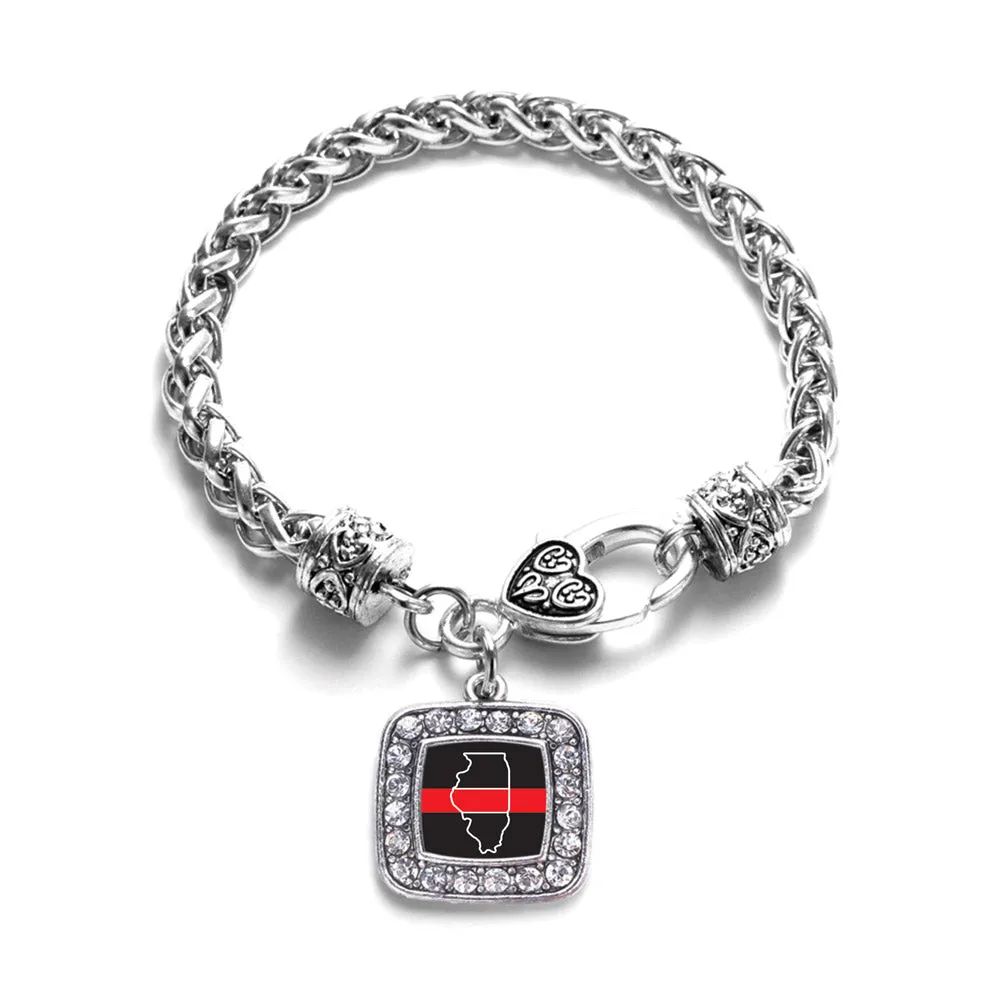 Silver Illinois Thin Red Line Square Charm Braided Bracelet