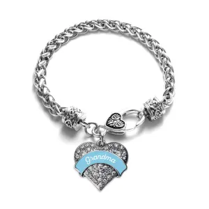 Silver Light Blue Grandma Pave Heart Charm Braided Bracelet