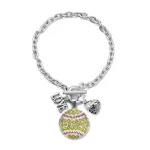 Silver Love Softball Glove Charm Toggle Bracelet