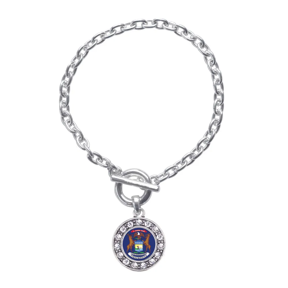 Silver Michigan Flag Circle Charm Toggle Bracelet