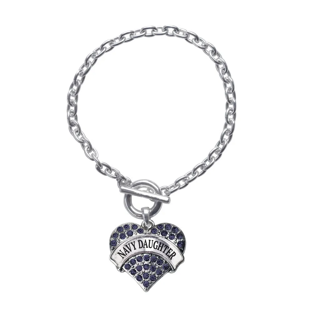 Silver Navy Daughter Blue Pave Heart Charm Toggle Bracelet