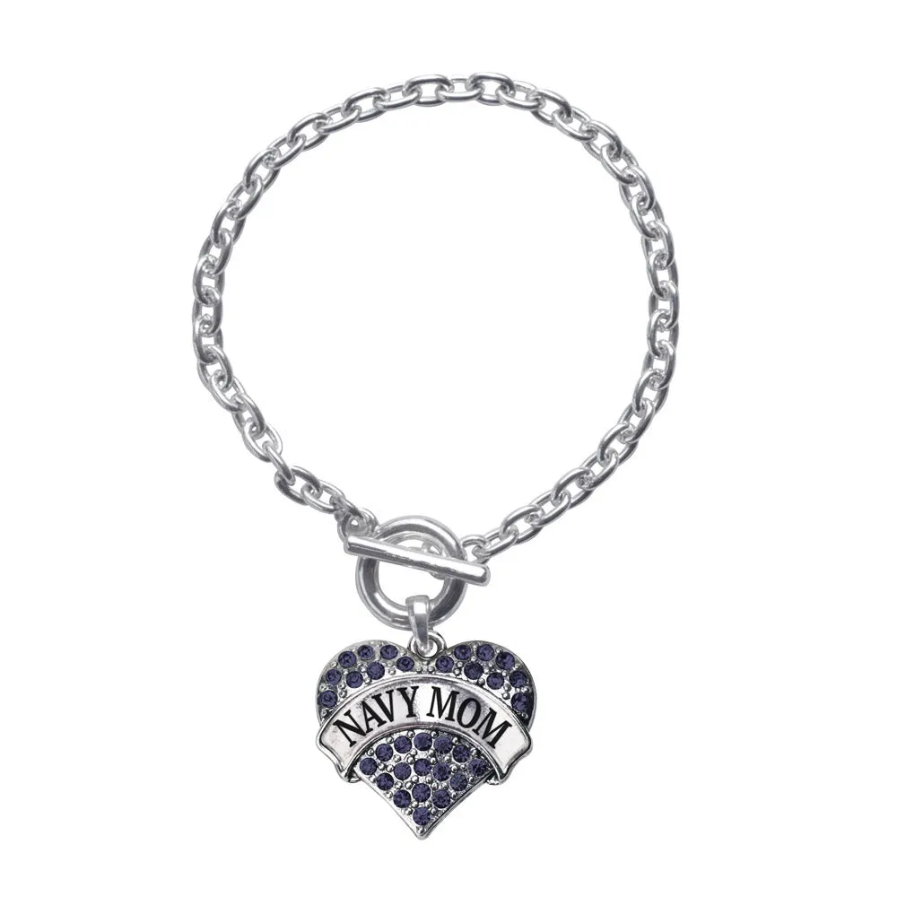 Silver Navy Mom Blue Pave Heart Charm Toggle Bracelet