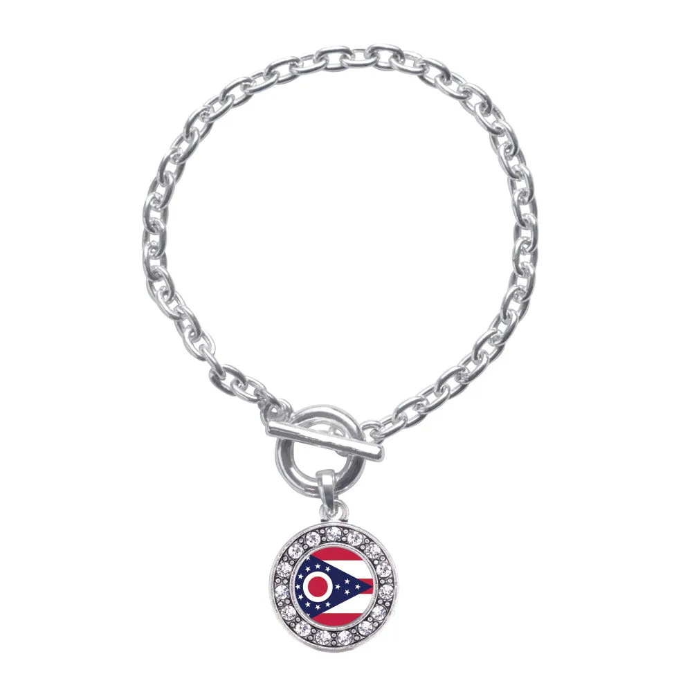 Silver Ohio Flag Circle Charm Toggle Bracelet