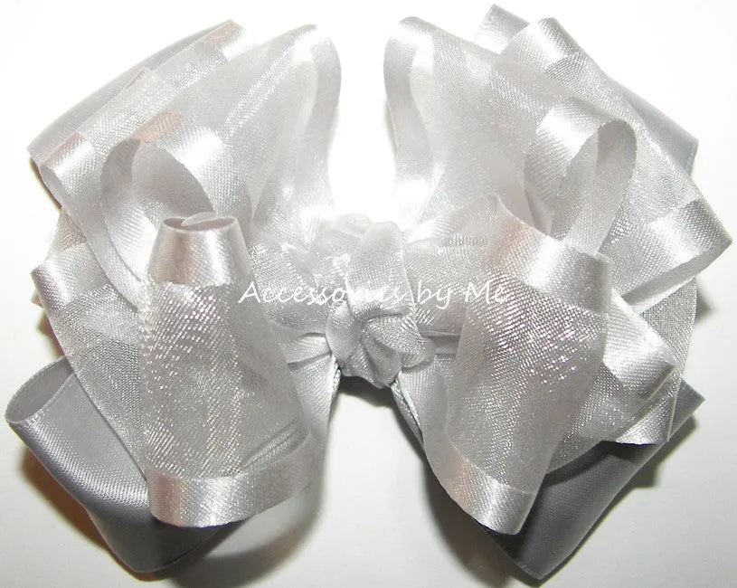 Silver Organza Satin Trim Hair Bow