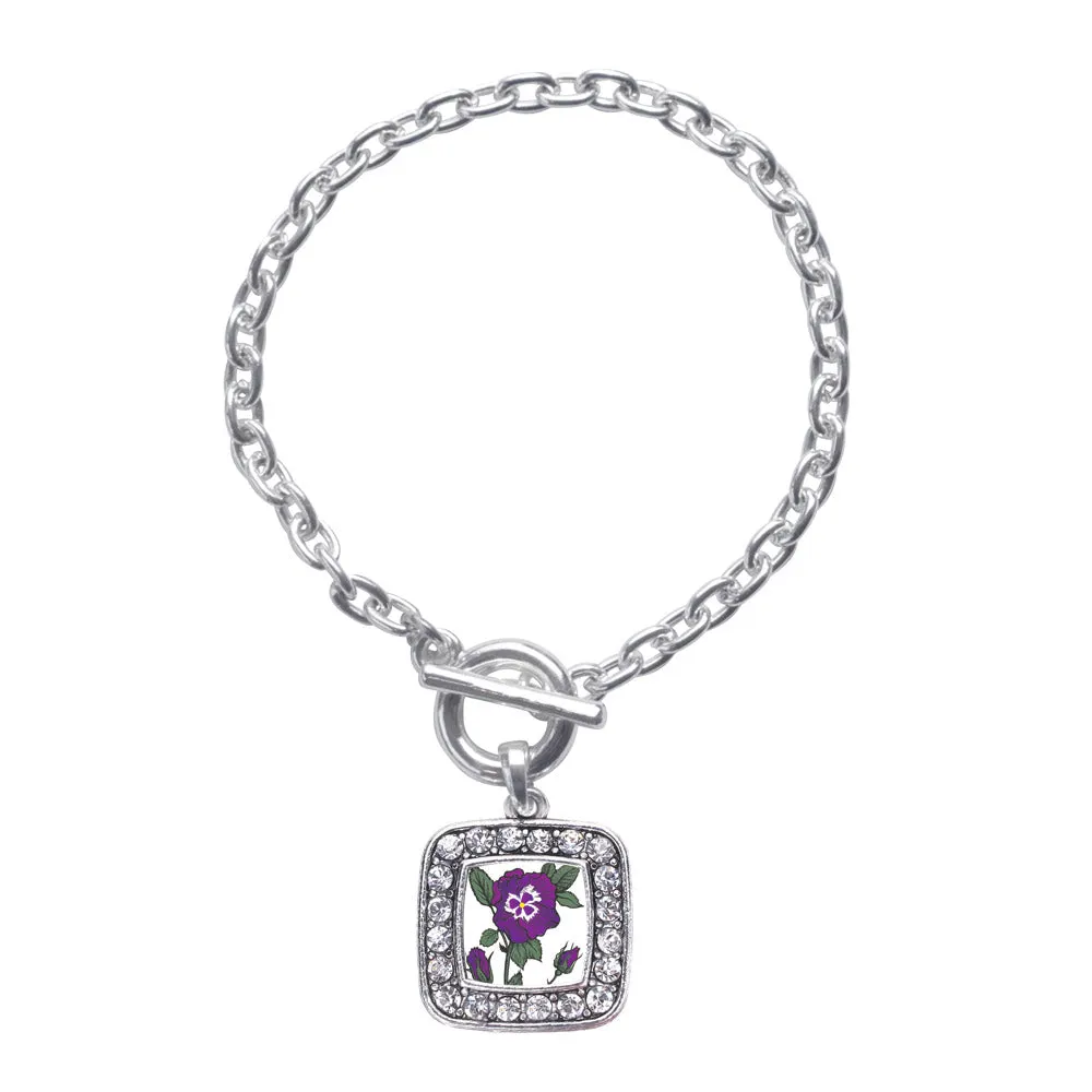 Silver Pansy Flower Square Charm Toggle Bracelet