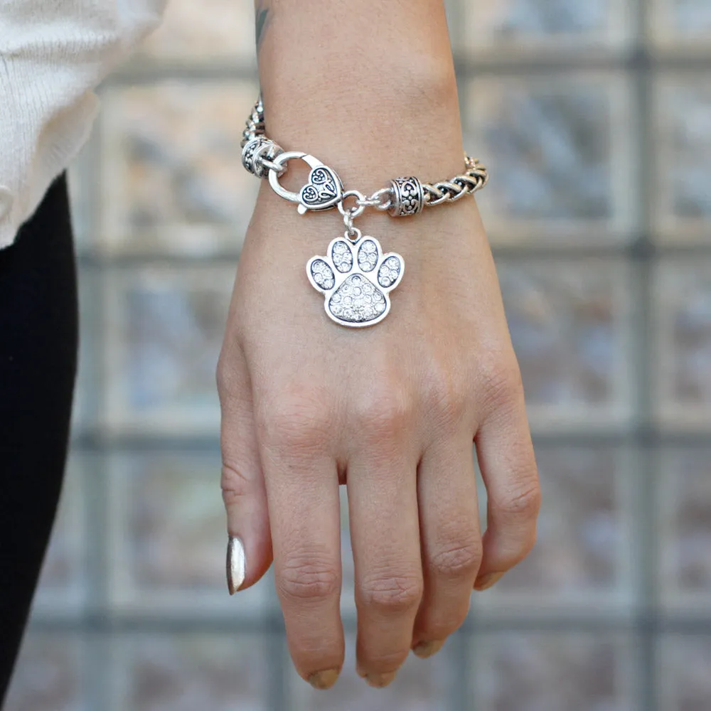 Silver Paw Print Charm Braided Bracelet