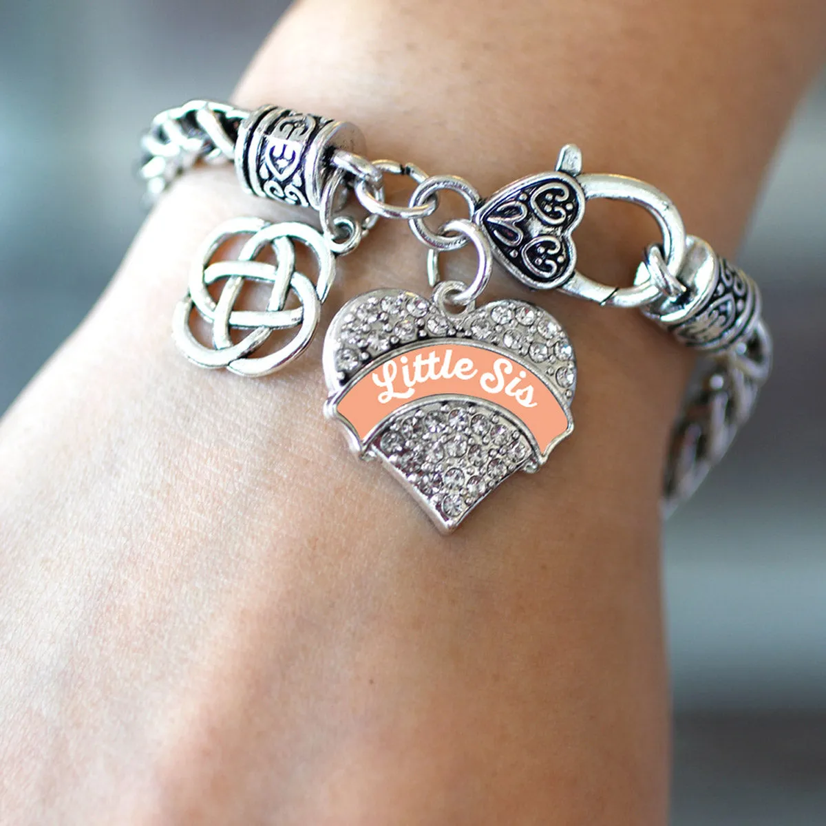 Silver Peach Little Sis Celtic Knot Pave Heart Charm Braided Bracelet