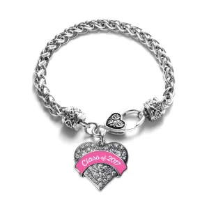 Silver Pink Class of 2017 Pave Heart Charm Braided Bracelet