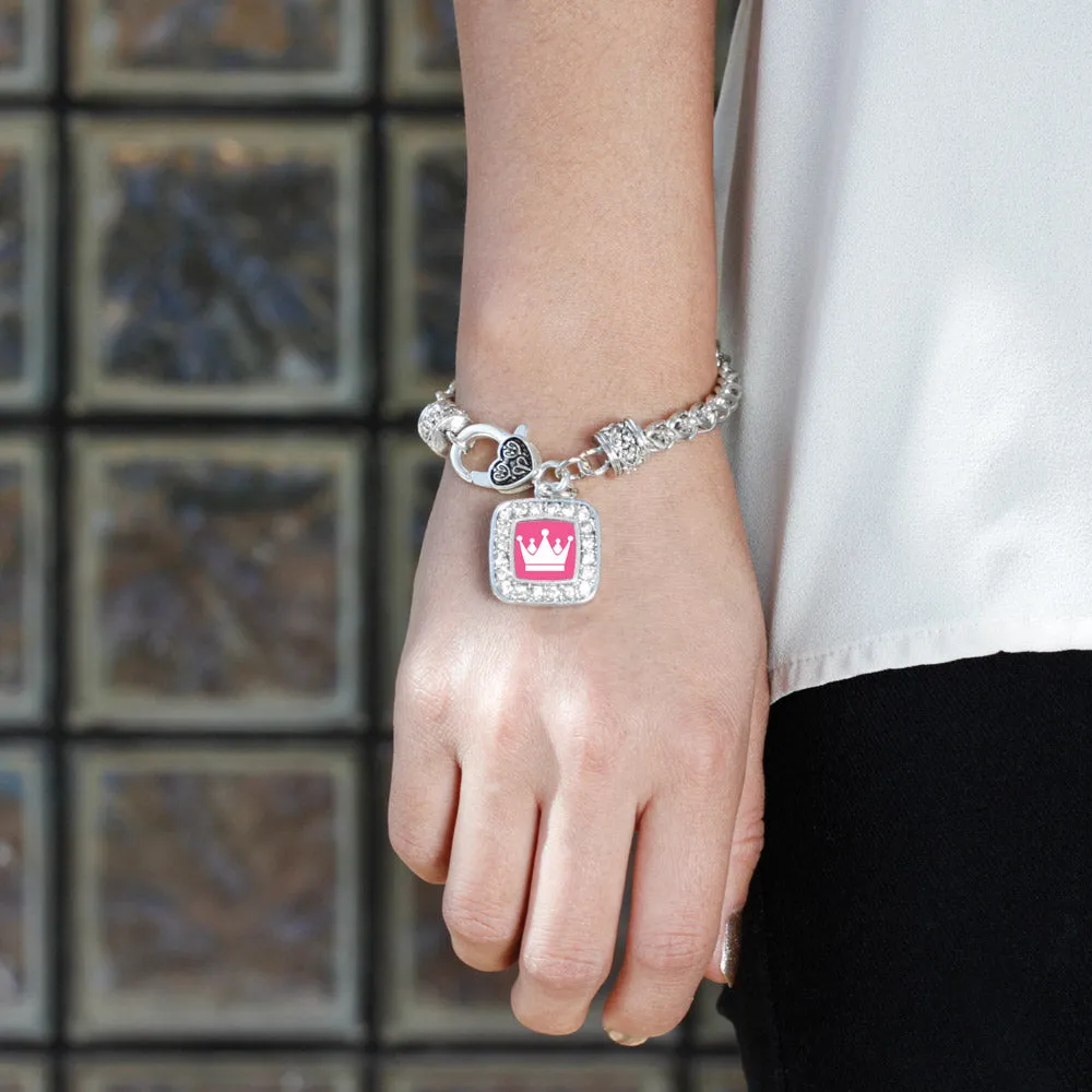 Silver Pink Princess Square Charm Braided Bracelet