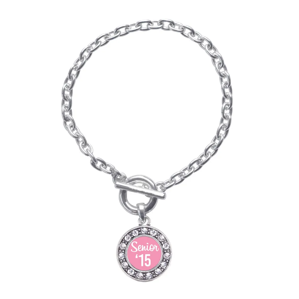 Silver Pink Senior '15 Circle Charm Toggle Bracelet