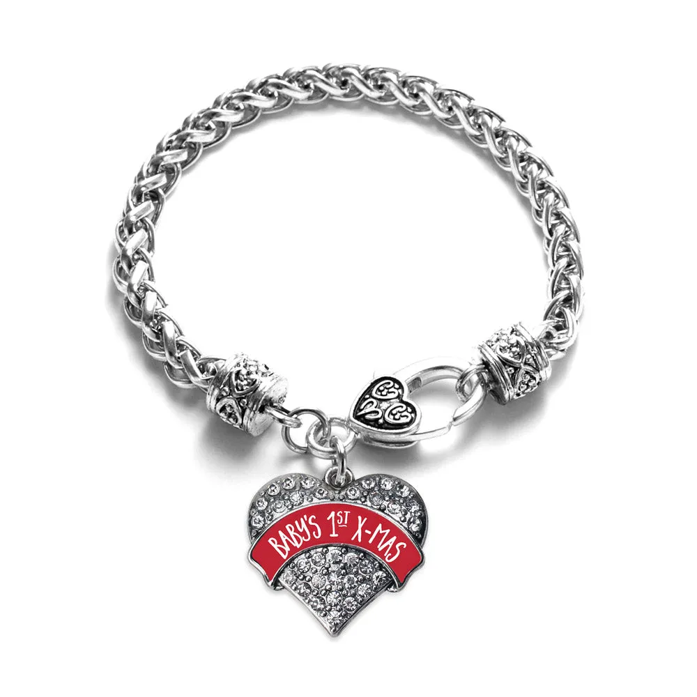 Silver Red Banner Baby's 1st X-Mas Pave Heart Charm Braided Bracelet