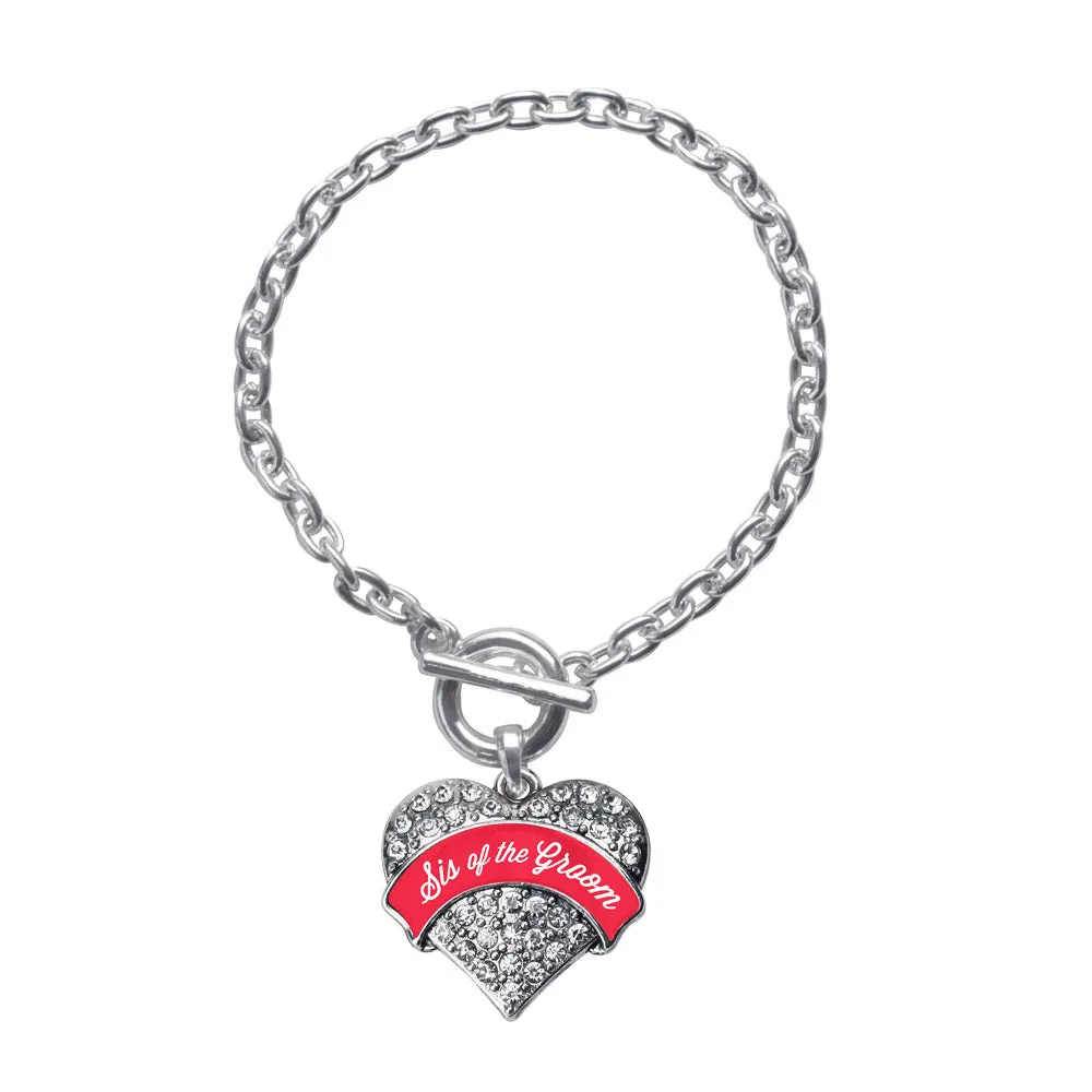 Silver Red Sis of the Groom Pave Heart Charm Toggle Bracelet