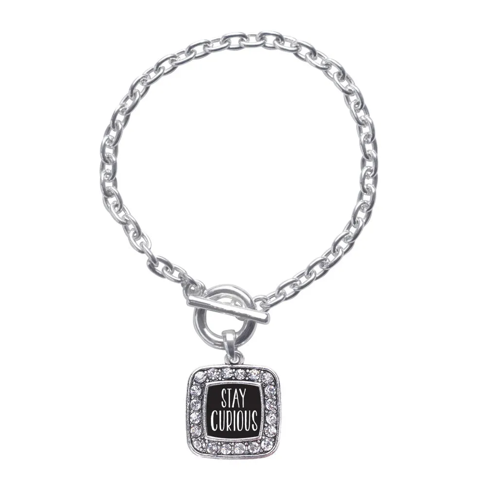 Silver Stay Curious Square Charm Toggle Bracelet