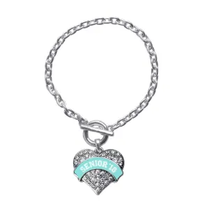 Silver Teal Senior 2018 Pave Heart Charm Toggle Bracelet