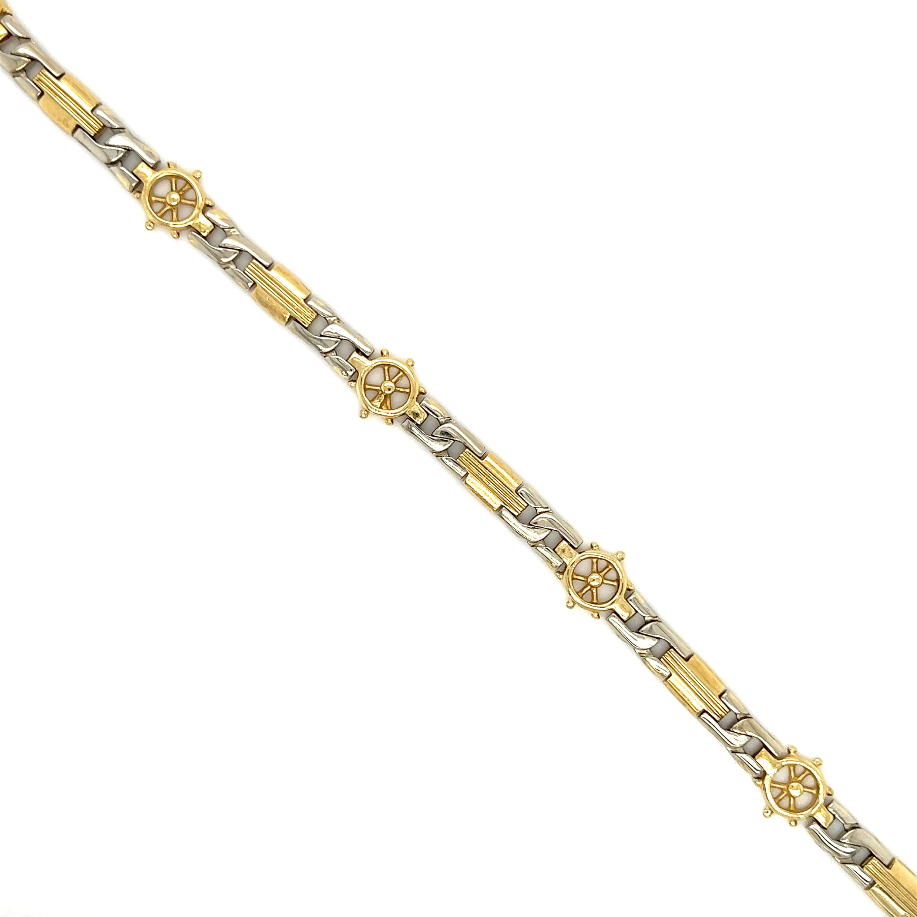 Solid Link Bracelet with Ship's Wheel in 14K White and Yellow Gold