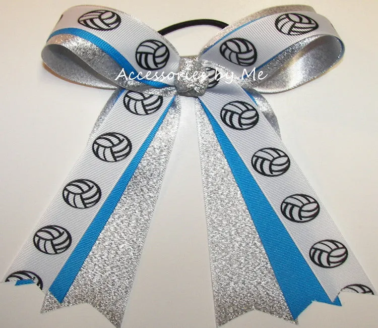 Sparkly Volleyball Blue Silver Ponytail Bow