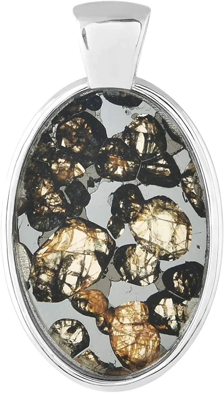 Starborn Sericho Pallasite Meteorite (Peridot Inclusions) Oval Pendant in 925 Sterling Silver Setting