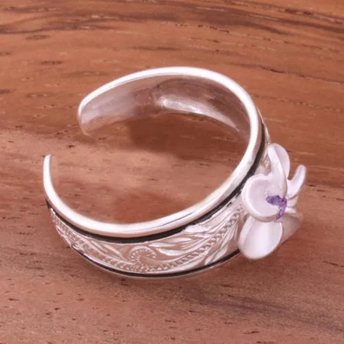 Sterling Silver Hawaiian Scroll Black Border Plumeria with CZ Smooth Edge Toe Ring (Clear CZ/Pink CZ/Blue CZ/Purple CZ) 6mm