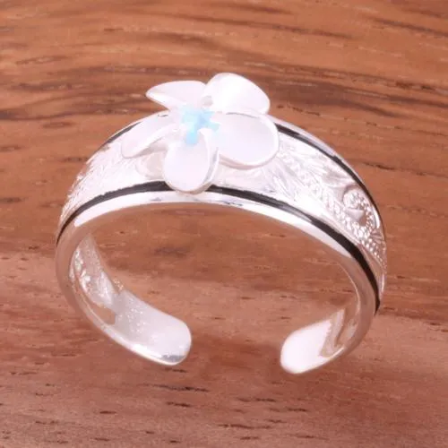 Sterling Silver Hawaiian Scroll Black Border Plumeria with CZ Smooth Edge Toe Ring (Clear CZ/Pink CZ/Blue CZ/Purple CZ) 6mm