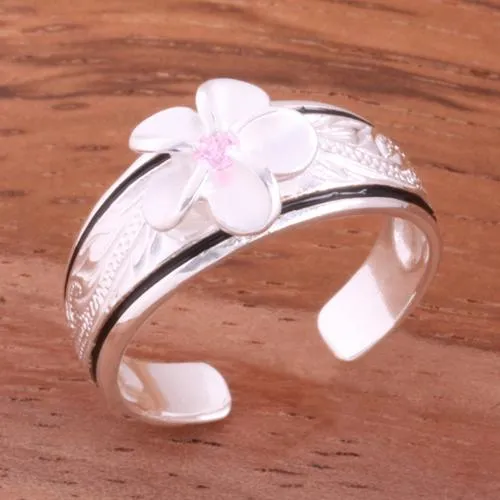 Sterling Silver Hawaiian Scroll Black Border Plumeria with CZ Smooth Edge Toe Ring (Clear CZ/Pink CZ/Blue CZ/Purple CZ) 6mm