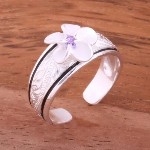 Sterling Silver Hawaiian Scroll Black Border Plumeria with CZ Smooth Edge Toe Ring (Clear CZ/Pink CZ/Blue CZ/Purple CZ) 6mm