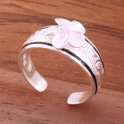 Sterling Silver Hawaiian Scroll Black Border Plumeria with CZ Smooth Edge Toe Ring (Clear CZ/Pink CZ/Blue CZ/Purple CZ) 6mm