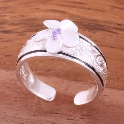 Sterling Silver Hawaiian Scroll Black Border Plumeria with CZ Smooth Edge Toe Ring (Clear CZ/Pink CZ/Blue CZ/Purple CZ) 6mm