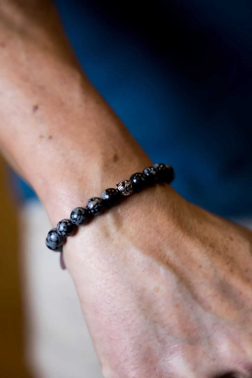 Sterling Silver Snowflake Obsidian Bali Natural Gemstone Bracelet