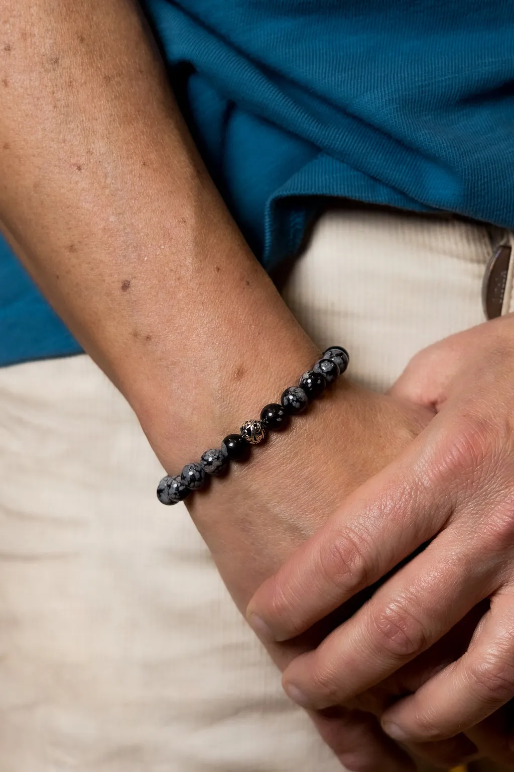 Sterling Silver Snowflake Obsidian Balinese Natural Gemstone Bracelet